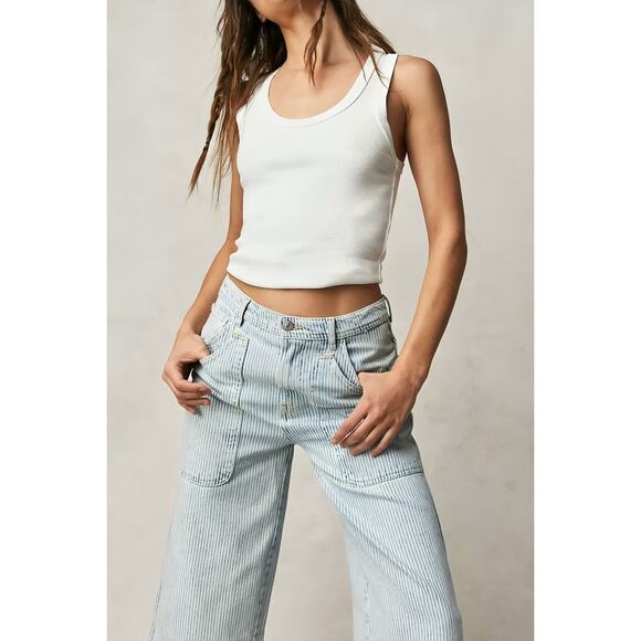 Free People Denim - We The Free Piper Mid-Rise Crop Wide-Leg Jeans in Blue Striped Size 30 Denim